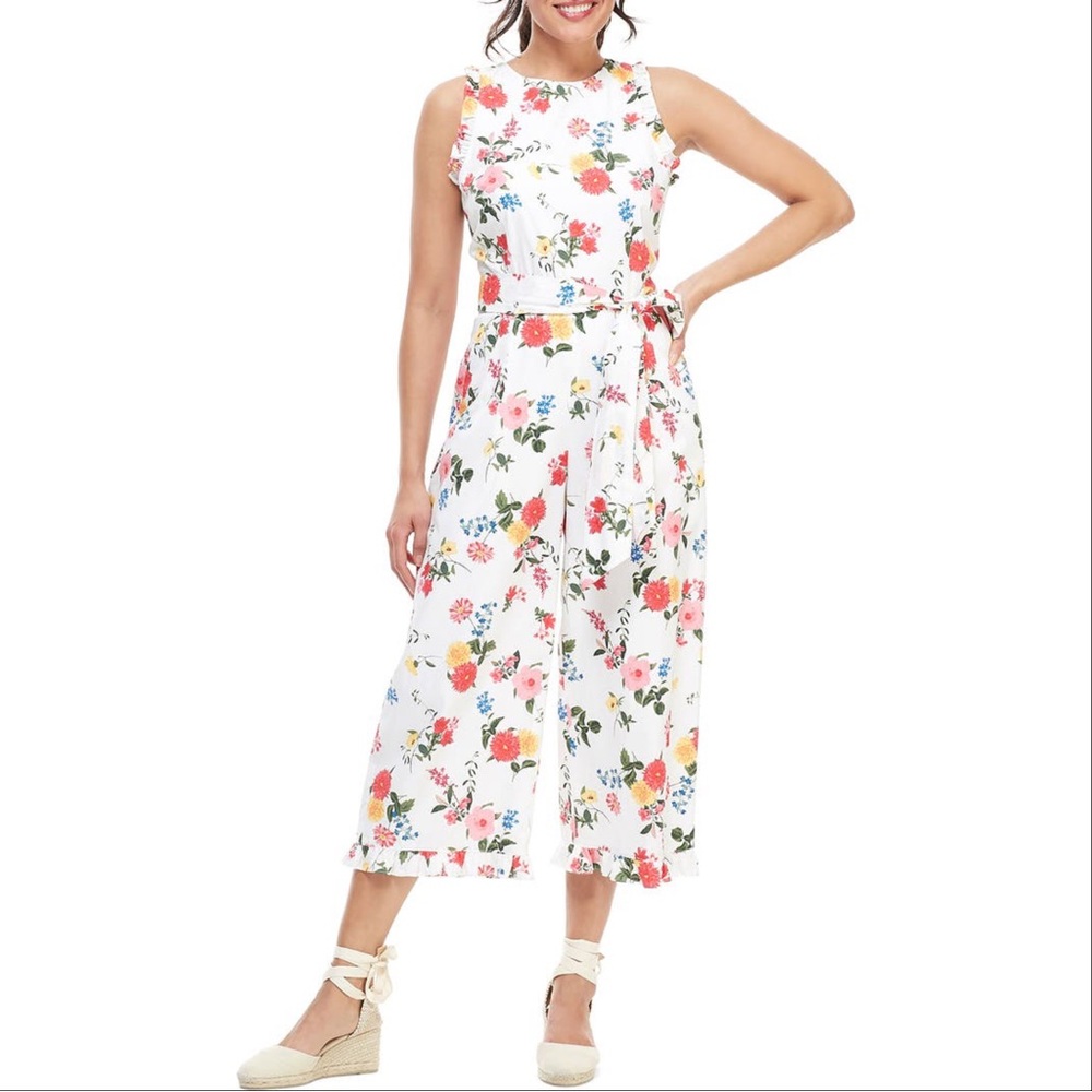 Gal Meets Glam Petite Beverly Floral‎ Ruffle Racerback Sleeveless Jumpsuit 0P